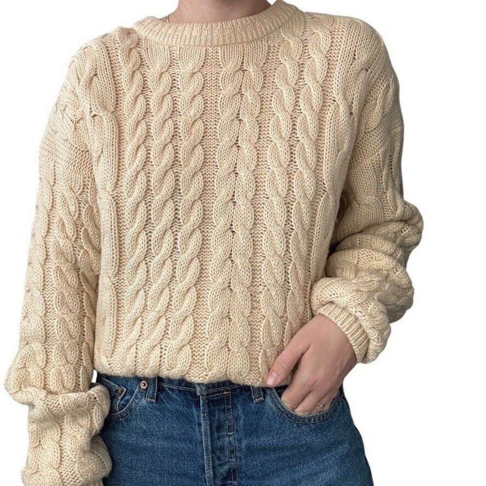 Vintage Unisex 100% Wool Cream Light Yellow Cable Knit Fisherman Sweater Sz M